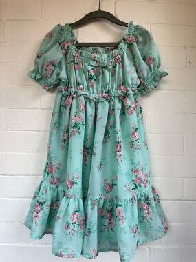 Janie and Jack Mint Green Floral Puff-Sleeve Dress Girls Size 5 Spring Summer